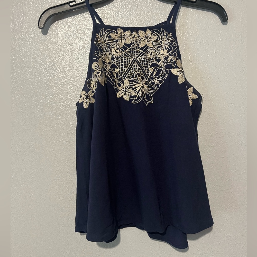 NWT Eyeshadow Navy Tan Floral Embroidered Sleeveless Square Neck Top Blouse
